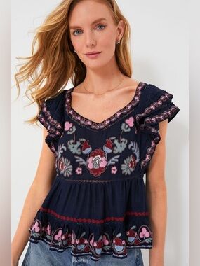 SEA New York Eclisse Embroidery Flutter Sleeve Top Navy • 17.5” pit to pit